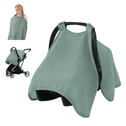 Picture of Blissful Diary 2-in-1 Muslin Baby Car Seat Cover, Multi-use Nursing Cover for Breastfeeding, Breathable Infant Car Seat Cover Canopy - Roman Green