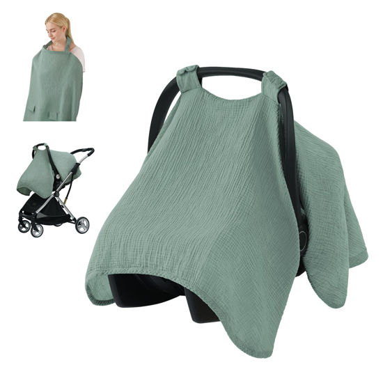 Picture of Blissful Diary 2-in-1 Muslin Baby Car Seat Cover, Multi-use Nursing Cover for Breastfeeding, Breathable Infant Car Seat Cover Canopy - Roman Green