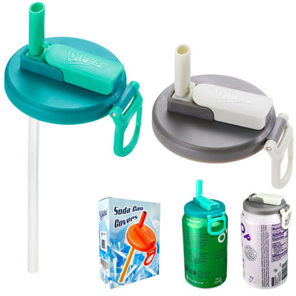 Picture of 2 Color Soda Can Lids with Straw- Set of 2, Reusable pop can lids for Canned,BPA-Free Can Covers for Soda, Leak-Proof Design(Green & Grey)
