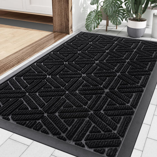 Picture of Smiry Front Door Mat Outside Entrance, Heavy Duty Natural Rubber Doormat, Trap Dirt and Moisture Easy Clean Low Profile Patio Porch Welcome Floor Mats for Entry, 29.5x17 Inch, Black
