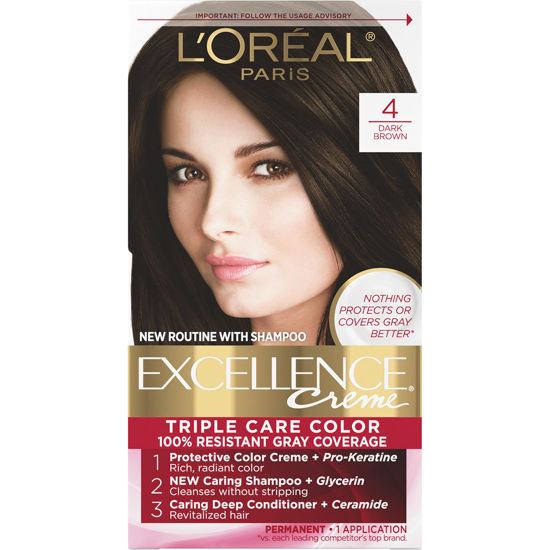 Picture of L'Oreal Paris Excellence Creme Permanent Hair Color, 4 Dark Brown, 100 percent Gray Coverage Hair Dye, Pack of 1