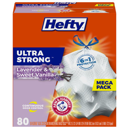 Picture of Hefty Ultra Strong 13 Gallon Trash Bags, Tall Kitchen Trash Bags 13 Gallon Size, Drawstring Closure, Continuous Odor Control, White, Lavender and Sweet Vanilla Scent, 80 Bags