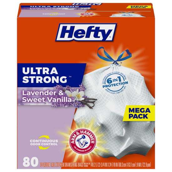 Picture of Hefty Ultra Strong 13 Gallon Trash Bags, Tall Kitchen Trash Bags 13 Gallon Size, Drawstring Closure, Continuous Odor Control, White, Lavender and Sweet Vanilla Scent, 80 Bags