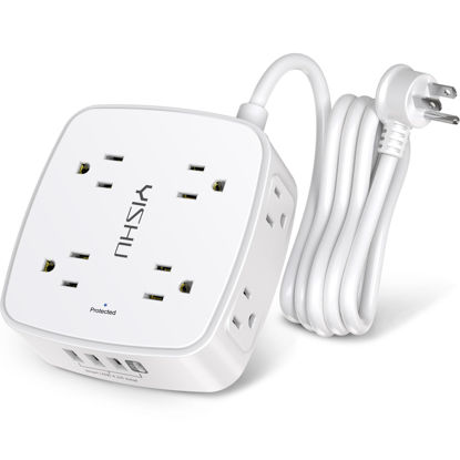 Picture of 6 Ft Surge Protector Power Strip - 8 Widely Outlets with 4 USB Ports, 3 Side Outlet Extender with 6 Feet Extension Cord, Flat Plug, Wall Mount, Desk USB Charging Station, ETL,White