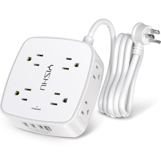 Picture of 6 Ft Surge Protector Power Strip - 8 Widely Outlets with 4 USB Ports, 3 Side Outlet Extender with 6 Feet Extension Cord, Flat Plug, Wall Mount, Desk USB Charging Station, ETL,White