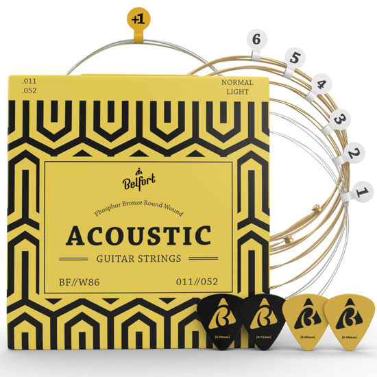 Picture of BELFORT® quality acoustic guitar strings - 6 string set - Premium coating with Phosphor Bronze (guitar strings acoustic 6 string set) BONUS: 4 Picks + 1 High E String - cuerdas para guitarra acustica
