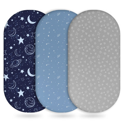 Picture of Unnivoll Baby Bassinet Sheets Girl Boy, Fitted Bassinet Sheet Set 3 Pack Bassinet Mattress Sheets Universal Fit for Rectangle, Round, Oval, Hourglass Mattress, Soft Breathable Blue Gray Planet