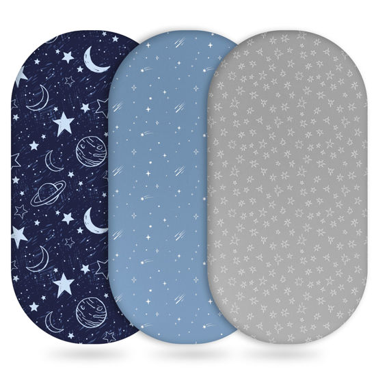 Picture of Unnivoll Baby Bassinet Sheets Girl Boy, Fitted Bassinet Sheet Set 3 Pack Bassinet Mattress Sheets Universal Fit for Rectangle, Round, Oval, Hourglass Mattress, Soft Breathable Blue Gray Planet