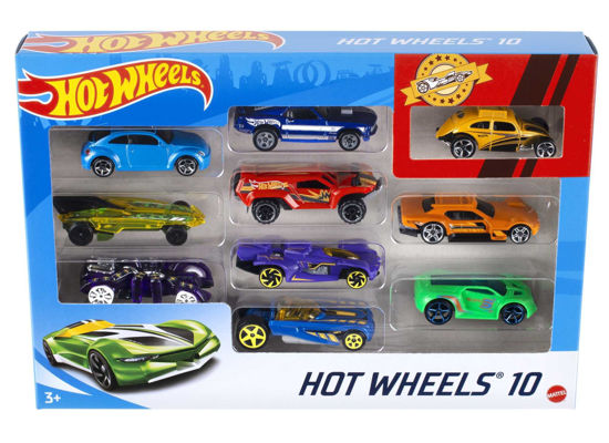 Picture of Hot Wheels Toy Cars & Trucks 10-Pack, Set of 10 1:64 Scale Vehicles, Includes Race Cars, Semi, Rescue or Construction Trucks (Styles May Vary)