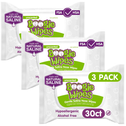 Picture of Saline Nose Wipes by Boogie, for Baby & Kids, Face, Hand & Body, FSA/HSA Eligible, Made with Vitamin E, Aloe, and Natural Saline, Unscented, 30 Count (Pack of 3)