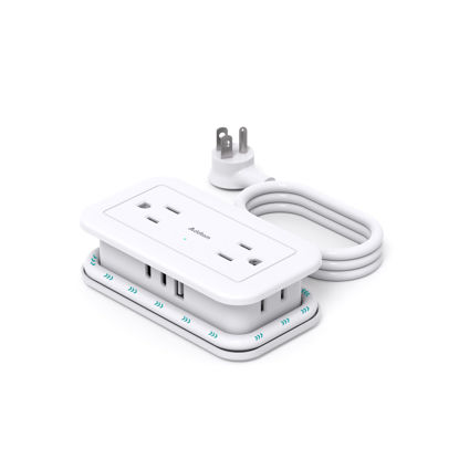 Picture of Travel Power Strip with USB Ports, Addtam 4 Outlets 3 USB(2 USB C) with 4FT Wrapped Flat Plug Power Strip, Short Small Extension Cord for Travel Cruise Ship Essentials, White