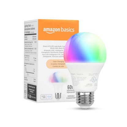 Picture of Amazon Basics Smart A19 LED Light Bulb, Color Changing, 9W (60W Equivalent), 800LM, Works with Alexa Only, 2.4 GHz Wi-Fi, No Hub Required, 1 Pack