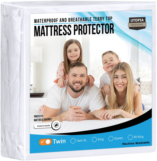 Picture of Utopia Bedding Waterproof Mattress Protector Twin Size, Premium Terry Mattress Cover 200 GSM, Breathable, Fitted Style with Stretchable Pockets (White)