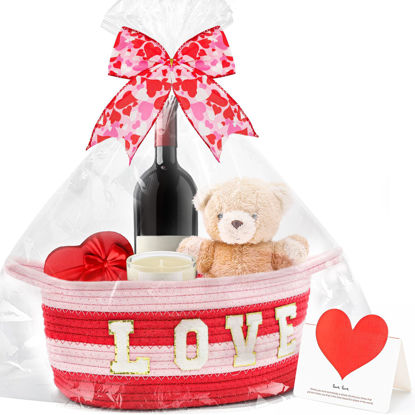 Picture of Small Woven Basket with Gift Bag Bow and Greeting Card, Basket for Gift Empty with "LOVE" Alphabet Stickers, Cute Baby Gift Basket for Nursery, 12 x 8 x 5.5" Rope Basket with Handles(Red & Pink)