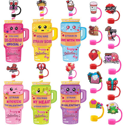 Picture of Valentines Day Gifts for Kids,24 Pack Kids Valentines Day Cards with 10mm Valentine Straw Toppers for 30Oz & 40Oz Tumblers,Funny Valentine Exchange Card Gifts for Teenagers, Boys, Girls, Kids & Adults