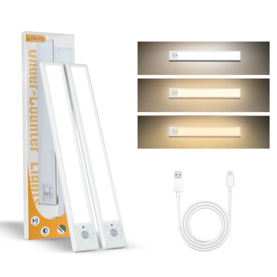 Picture of JACKPOT BOOM Under Cabinet Lights 2 Pack 12 inch Rechargeable Battery Operated Motion Sensor Light Indoor USB Charging Closet Lights Battery Operated with 3 Color Temps for Kitchen, Stairs, Home