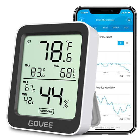 Picture of Govee Hygrometer Thermometer H5075, Bluetooth Indoor Room Temperature Monitor Greenhouse Thermometer with Remote App Control, Notification Alerts, 2 Years Data Storage Export,LCD
