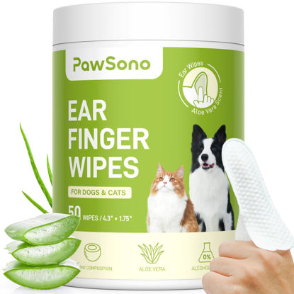 Picture of PawSono Ear Finger Wipes for Dogs & Cats, Thicker Dog Ear Cat Ear Wipes, Natural Relief Cat Ear Cleaner Dog, Effectively Remove Ear Wax for Dog Kitten Rabbit, Fresh Aloe Scent Deodorizing, 50 Count