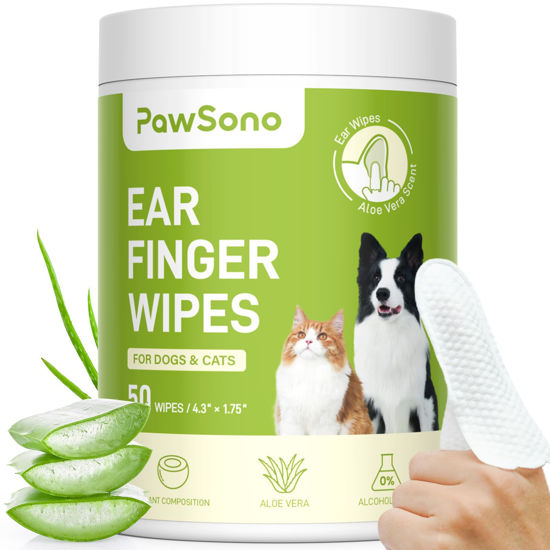 Picture of PawSono Ear Finger Wipes for Dogs & Cats, Thicker Dog Ear Cat Ear Wipes, Natural Relief Cat Ear Cleaner Dog, Effectively Remove Ear Wax for Dog Kitten Rabbit, Fresh Aloe Scent Deodorizing, 50 Count