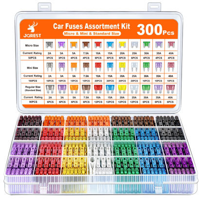 Picture of JOREST 300Pcs Car Fuse Assortment Kit, 160 Mini Blade Fuses Automotive + 90 Standard Auto Fuses + 50 Micro Fuse + 1 Puller - for Car/RV/Truck/Motorcycle(2Amp 3A 5A 7.5A 10A 15A 20A 25A 30A 35A 40A)