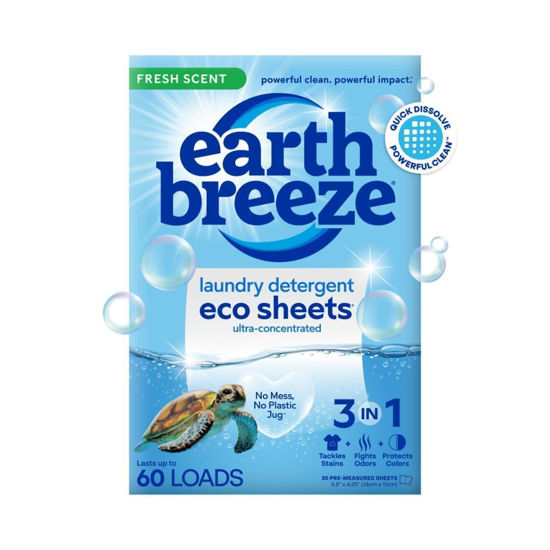 Picture of Earth Breeze Laundry Detergent Sheets Fresh Scent - 60 Loads No Plastic Jug Concentrated Laundry Detergent 30 Sheets