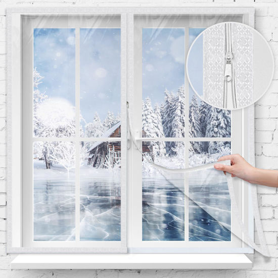 Picture of Beeveer 47 x 63 Inch Window Insulation Kit with Zipper Winter Window Plastic for Winterizing Home Thermal Insulated Cover with Adhesive Straps Transparent Reusable Adjustable Thick Attic Cover Warm