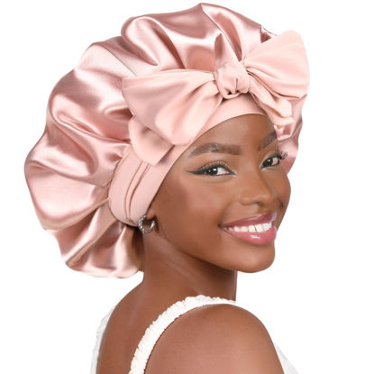 Picture of YANIBEST Silk Bonnet for Sleeping Women Satin Bonnet Double Layer Satin Lined Hair Bonnet with Tie Band Curly Hair Blush Pink