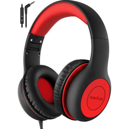 Picture of EarFun Kids Headphones Wired with Microphone, 85/94dB Volume Limit Portable Headphones for Kids with Shareport, Stereo Sound Foldable Headset for School/Tablet/iPad/Kindle, Black Red