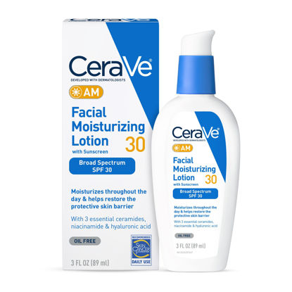Picture of CeraVe AM Facial Moisturizing Lotion with SPF 30, Oil-Free Face Moisturizer with SPF, Formulated with Hyaluronic Acid, Niacinamide & Ceramides, Non-Comedogenic, Broad Spectrum Sunscreen, 3 Ounce