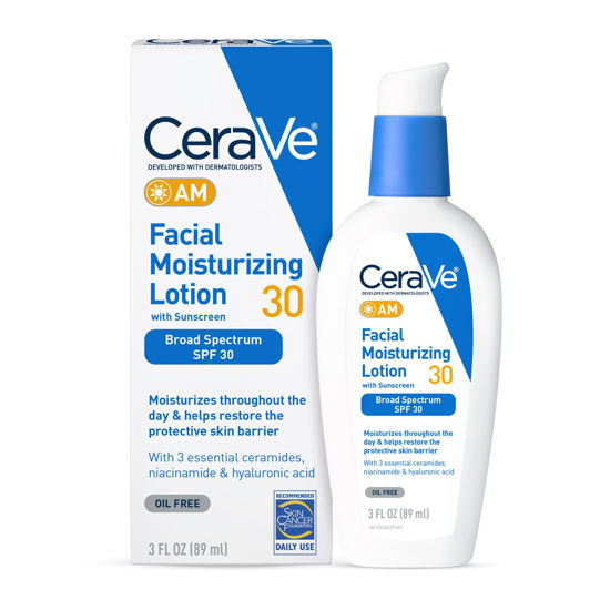 Picture of CeraVe AM Facial Moisturizing Lotion with SPF 30, Oil-Free Face Moisturizer with SPF, Formulated with Hyaluronic Acid, Niacinamide & Ceramides, Non-Comedogenic, Broad Spectrum Sunscreen, 3 Ounce