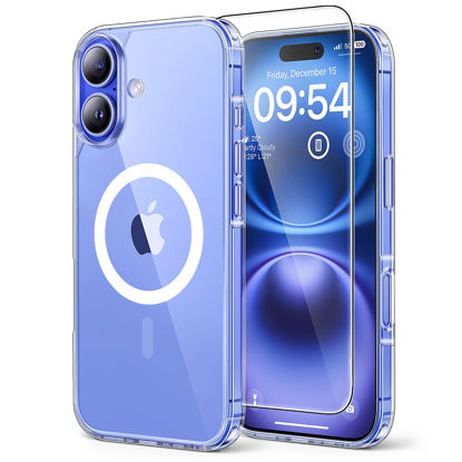 Picture of TAURI 3 in 1 for iPhone 16 Case, Compatible with MagSafe [Anti-Yellowing] with 2X Screen Protectors, Military-Grade Protection, Shockproof Slim Magnetic Phone Case for iPhone 16 6.1", Clear