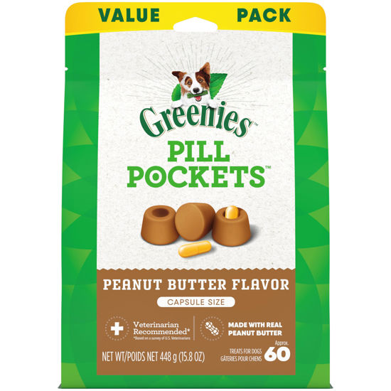 Picture of GREENIES PILL POCKETS for Dogs Capsule Size Natural Soft Dog Treats with Real Peanut Butter, 15.8 oz. Pack (60 Treats)