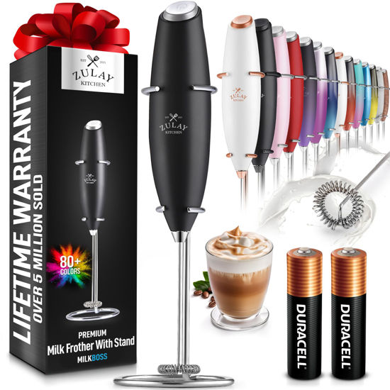 Picture of Zulay Kitchen Powerful Milk Frother Wand With 2 Duracell Batteries - Ultra Fast Handheld Drink Mixer - Electric Whisk Foam Maker for Coffee, Lattes, Cappuccino, Matcha, Hot Chocolate & Creamer - Black