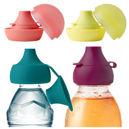 Picture of Boon Snug Sip Universal Water and Juice Silicone Bottle Toppers - Soft Spout Conversion Caps with Spill Proof Valves - Silicone Bottle Covers for Travel - Includes 4 Bottle Toppers and 4 Cases