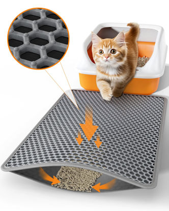 Picture of Powools Cat Litter Mat - 23.2" x 14.6" Small Litter Box Mat with Double Layers, Urine-Proof and Non-Slip Litter Trapping Mat, Easy to Clean Kitty Litter Mats for Floor, Scatter Control, Grey