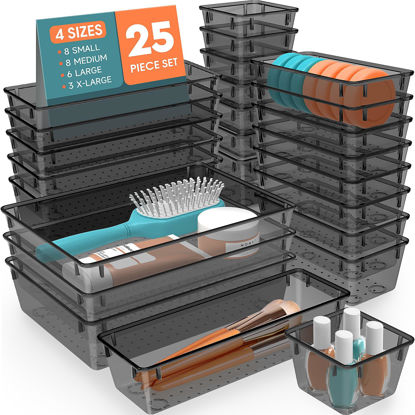Picture of SpaceHacks 25 PCS Plastic Drawer Organizer Set, 4-Size Versatile Organizer Trays & storage Bins for Makeup, Jewelry, and Gadgets in Bathroom, Bedroom and Office, Black