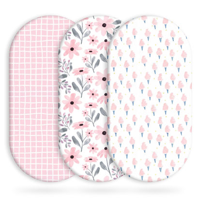 Picture of Yoofoss Bassinet Sheets Baby Girl Boy, Fitted Bassinet Sheet Set 3 Pack Universal Fit for Cradle Moses Basket Oval Rectangle Round Hourglass Mattress,Soft Breathable (Pink+Floral)