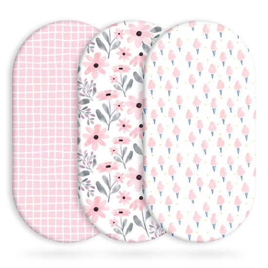 Picture of Yoofoss Bassinet Sheets Baby Girl Boy, Fitted Bassinet Sheet Set 3 Pack Universal Fit for Cradle Moses Basket Oval Rectangle Round Hourglass Mattress,Soft Breathable (Pink+Floral)