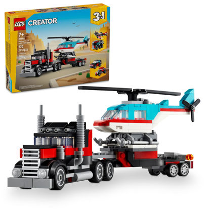 Picture of LEGO Creator 3 in 1 Flatbed Truck with Helicopter Toy, Transforms from Flatbed Truck Toy to Propeller Plane to Hot Rod and SUV Car Toys, Gift Idea for Boys and Girls Ages 7 Years Old and Up, 31146