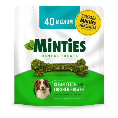 Picture of Minties Dental Chews for Dogs, 40 Count, Vet-Recommended Mint-Flavored Dental Treats for Medium Dogs 25-50 lbs, Dental Bones Clean Teeth, Fight Bad Breath, and Removes Plaque and Tartar