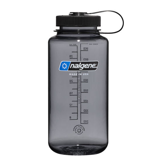 Picture of Nalgene Sustain Tritan BPA-Free Water Bottle Made with Material Derived From 50% Plastic Waste, 32 OZ, Wide Mouth, Gray w/ Black Lid