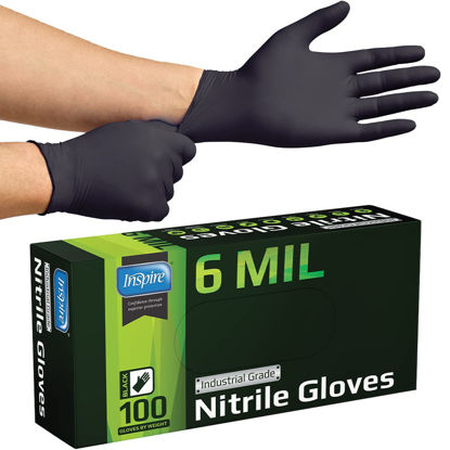 Picture of Inspire Black Nitrile Gloves HEAVY DUTY 6 Mil Nitrile Chemical Resistant Medical Cooking Cleaning Disposable Black Gloves (Black Nitrile Box Of 100, Large)