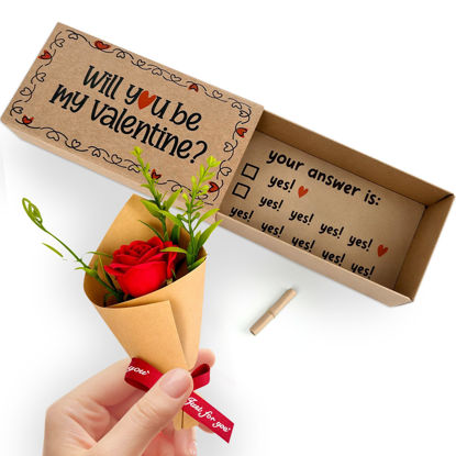 Picture of Qumic Will You Be My Valentine Card - Handmade Cute Love Card Matchbox with Mini Rose, Surprise Gift, Anniversary or Valentines Day Gift for Her, Him, Wife, Husband, or Girlfriend, Boyfriend, Couples