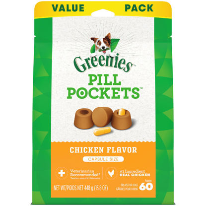 Picture of Greenies Pill Pockets for Dogs Capsule Size Natural Soft Dog Treats Chicken Flavor, 15.8 oz. Pack (60 Treats)
