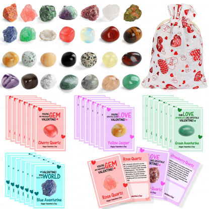 Picture of Valentines Day Cards for Kids School, 28 Sets Valentines Day Cards Natural Gemstone Crystals Rocks Minerals Bulk, Valentine Exchange Card for Kids Girls Boys School Class Classroom Party Favors (#1)