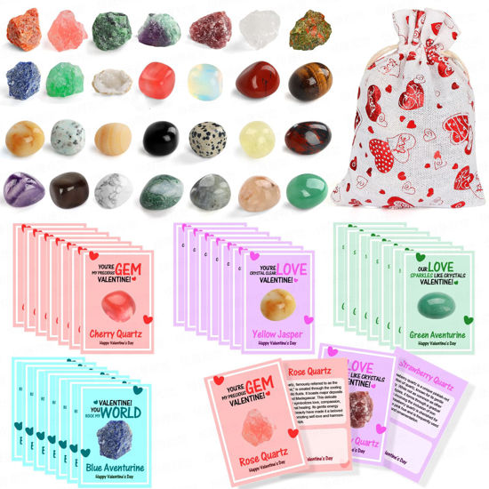 Picture of Valentines Day Cards for Kids School, 28 Sets Valentines Day Cards Natural Gemstone Crystals Rocks Minerals Bulk, Valentine Exchange Card for Kids Girls Boys School Class Classroom Party Favors (#1)