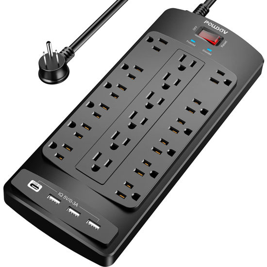 Picture of 18 Outlets Surge Protector Power Strip - 6 Feet Flat Plug Heavy Duty Extension Cord with 18 Widely Outlets and 4 USB Ports, 2100 Joules, Black, ETL Listed