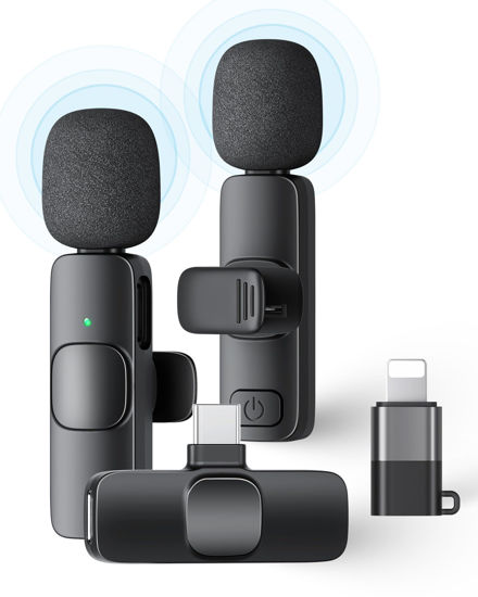 Picture of KUKIHO 2 Pack Wireless Lavalier Microphone for iPhone iPad and Android Phone, Lapel Mic Plug and Play Wireless Mic Noise Reduction Microphone for Video Recording Interview Podcast Vlog YouTube Tiktok