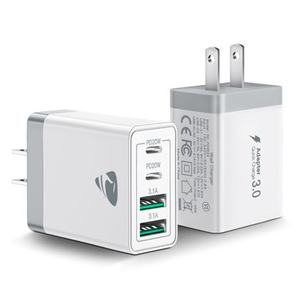 Picture of [2-Pack] USB C Wall Charger, 40W Fast USB C Charger Block, 4-Port PD Power Adapter + QC Wall Plug Multiport Type C Charging Block Cube Compatible with iPhone 15 14 13 12 11 Pro Max XR XS 8 7, Samsung