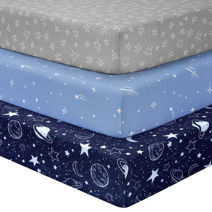 Picture of Unnivoll Baby Crib Sheets for Boys Girls, Fitted Crib Sheet Neutral 3 Pack for Standard Crib and Toddler Mattress, Breathable Soft Microfiber Baby Sheet 28x52x8in Blue Gray Planet